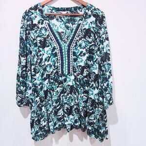 Cato Womens Green White Floral Crochet V Neck Blouse Size 22/24 Babydoll Boho